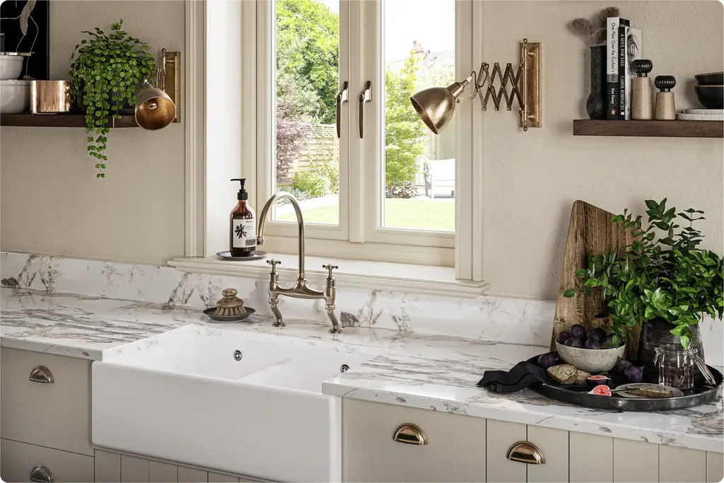 uPVC casement window above kitchen sink with garden view